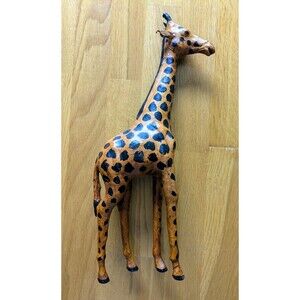 Vintage Mid Century Leather Wrapped Paper Mache Giraffe Hand Painted 15" Tall